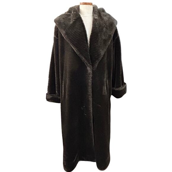 Vintage Norm Thompson Faux Fur Coat Brown Maxi Oversize Collar S Glam Costume - Picture 1 of 16